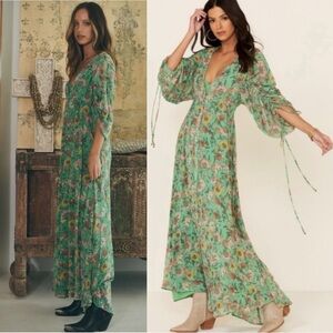Free People Bohemian Billowy Earthfolk Maxi Dress Fall Floral Jade Green Medium